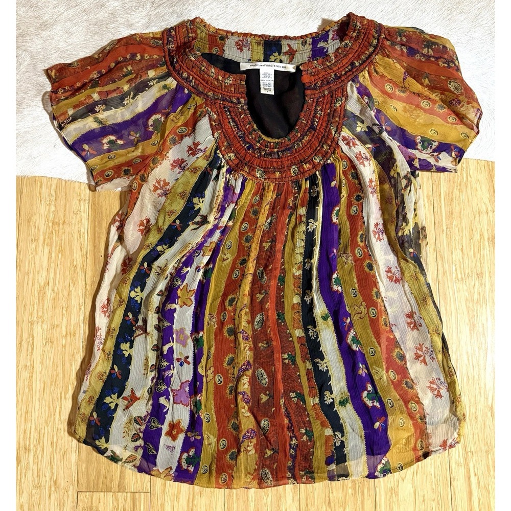Diane Von Furstenberg DVF Womens‎ 100% Silk Short Sleeve Gauzy Top Blouse 4 - Picture 4 of 7